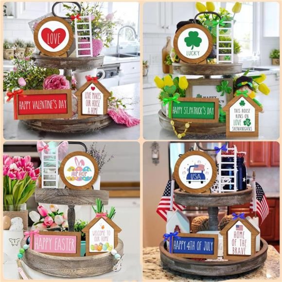 Farmhouse Easter Tiered Tray Decor Set Year Round Seasonal Interchangeable frame - Picture 2 of 7